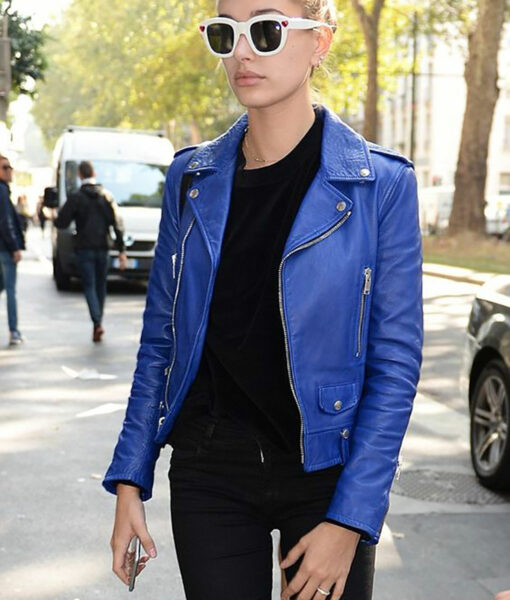 American Model Hailey Baldwin, Biker Leather Jacket-3