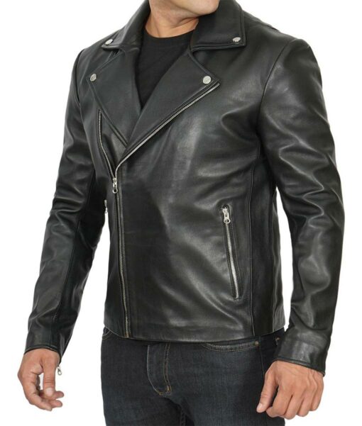Black Asymmetrical Biker lambskin Leather Jacket for Motorcycle Mens