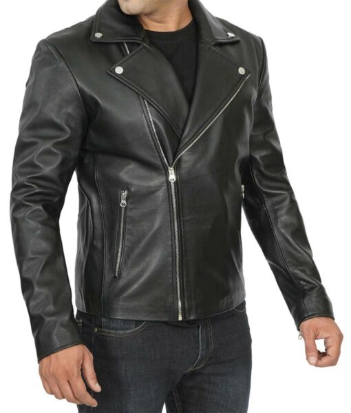 Black Asymmetrical Biker Leather Jacket for Motorcycle Mens