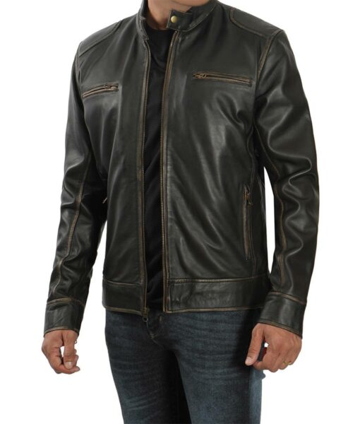 Dodge Mens Dark Brown Distressed Cafe Racer Style  Lambskin Leather Jacket