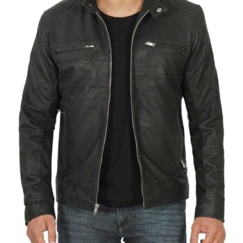 Dodge Black Snuff Zipper Leather Cafe Racer Jacket For Mens1