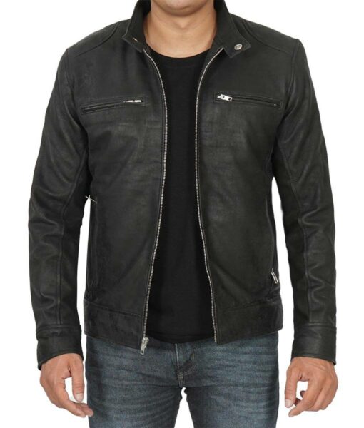 Dodge Black Snuff Zipper Leather Cafe Racer Jacket For Mens1