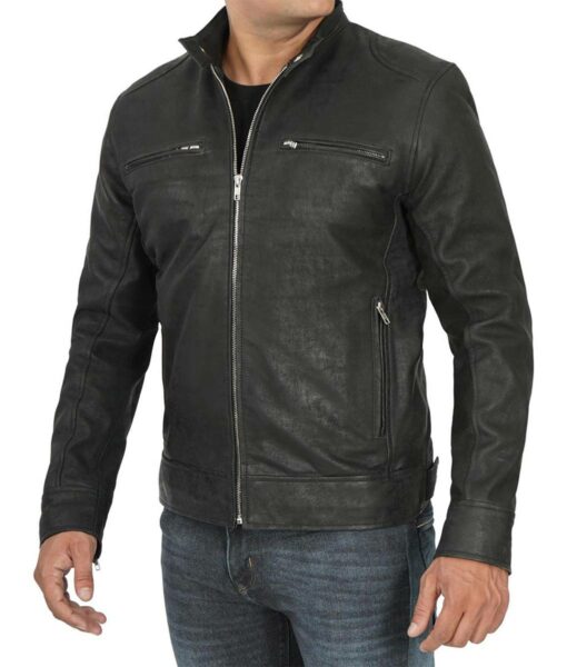 Black Snuff Zipper Leather Cafe Racer Jacket For Mens2