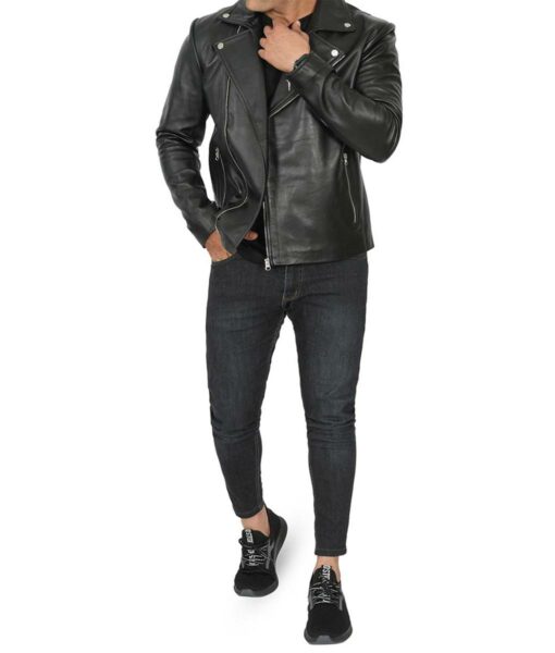 Black Asymmetrical Biker lambskin Leather Jacket for Mens