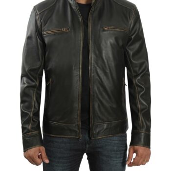 Mens Dark Brown Distressed Cafe Racer Style  Lambskin Leather Jacket