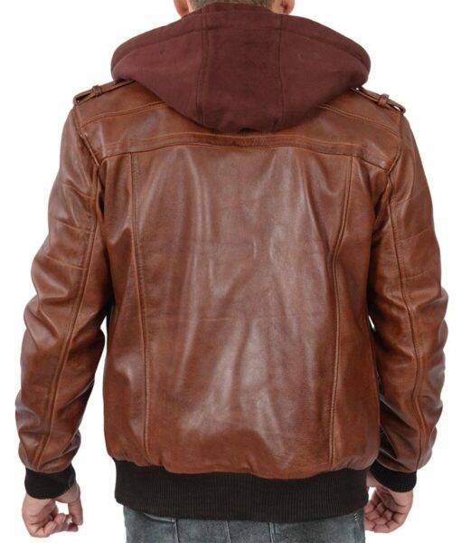 Brown bomber Hooded Leather Jacket