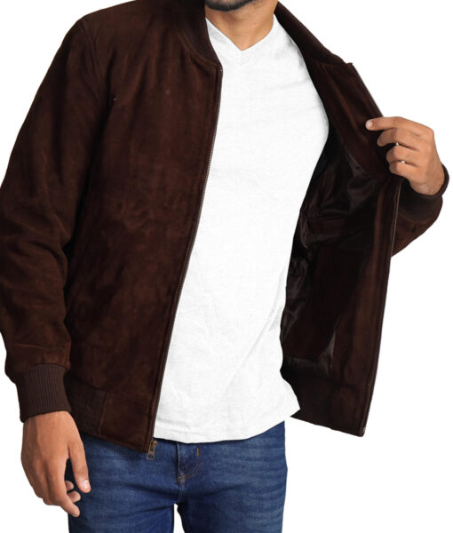 Dark Brown Suede Leather Bomber Jacket