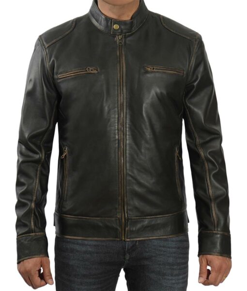 Dodge Mens Dark Brown Distressed Cafe Racer Style Leather Jacket