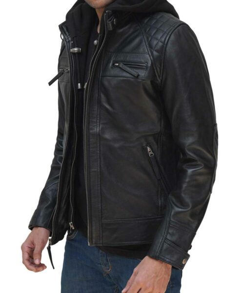 Johnson Leather Black Jacket With Detechable Hood