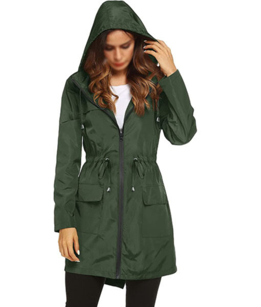Green Zipper Hooded Rain Coat