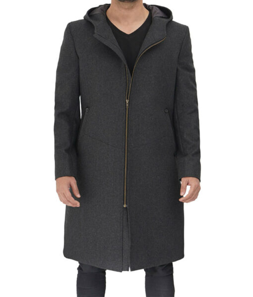 Grey Zipper Wool Coat With Hood