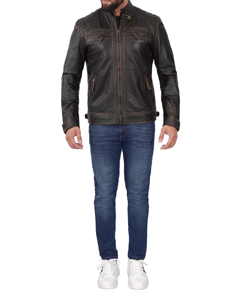 brown distressed cafe racer leather jacket