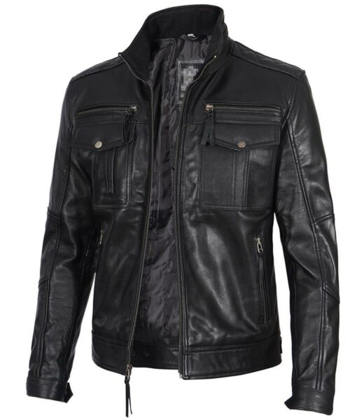 Moffit Mens Cafe Racer Zipper Black Leather Utility Jacket
