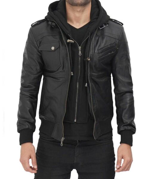Mens Hooded Leather Jacket in Black