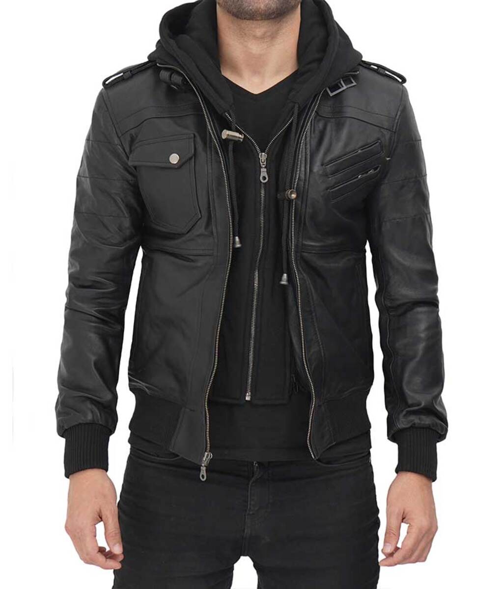 mens black hooded leather jacket