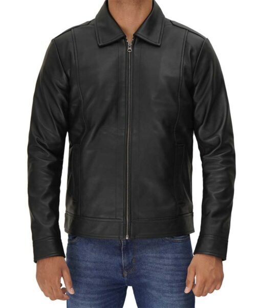 Men’s Black Lambskin Leather Jacket With Shirt Collar Style