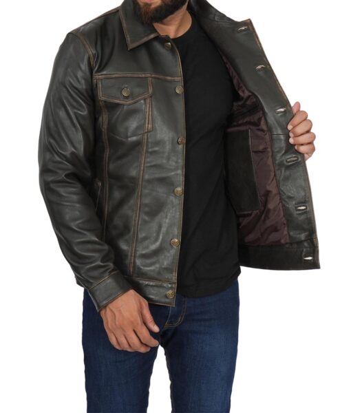 Dark Brown Mens Real Lambskin leather Trucker Jacket 