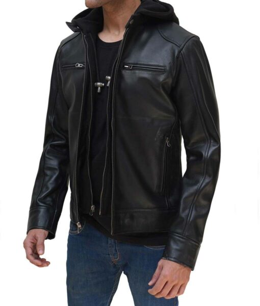 Dodge Mens Black Leather Jacket With Hoodie
