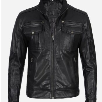 Moffit Mens Cafe Racer Black Lambskin Leather Utility Jacket