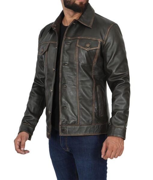 Distressed Dark Brown Mens Real leather Trucker Jacket 
