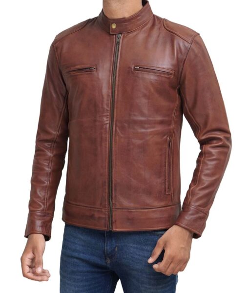 Mens Cognac Cafe Racer Lambskin Leather Jacket