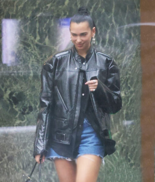 Dua Lipa Out Shopping in London Real Leather Black Jacket1