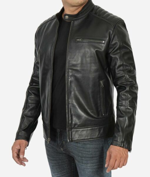 Black Real Lambskin Leather Jacket With Padded Shoulder