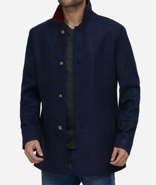 Navy Blue Wool Blend 3/4 Length Car Coat