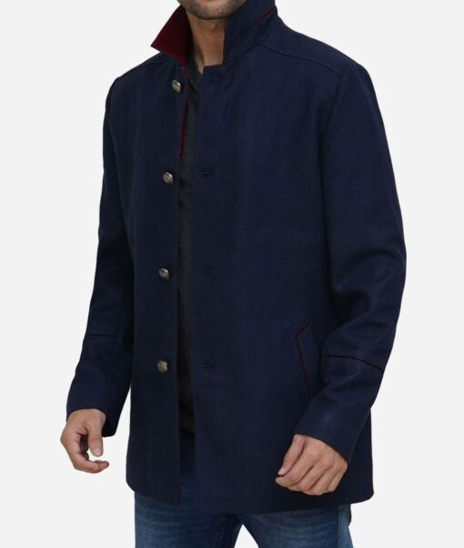 Upright Collar Roy Navy Blue Wool Blend 3/4 Length Car Coat