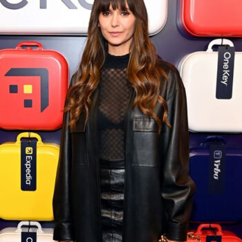 One Key Launch in New York Nina Dobrev Black Real Leather Jacket