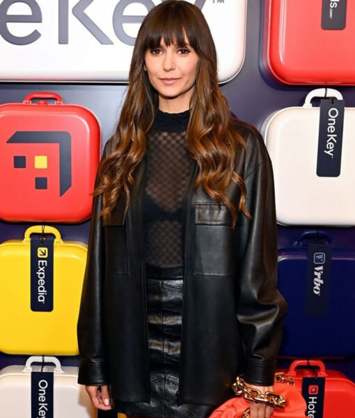 One Key Launch in New York Nina Dobrev Black Real Leather Jacket