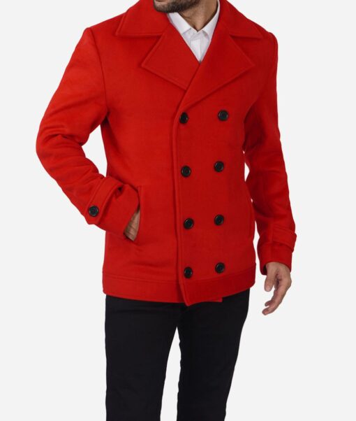 Wool Blend Wide Lapel Collar Red Peacoat for Men
