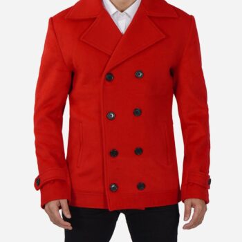 Double Breasted Wool Blend Wide Lapel Collar Red Peacoat