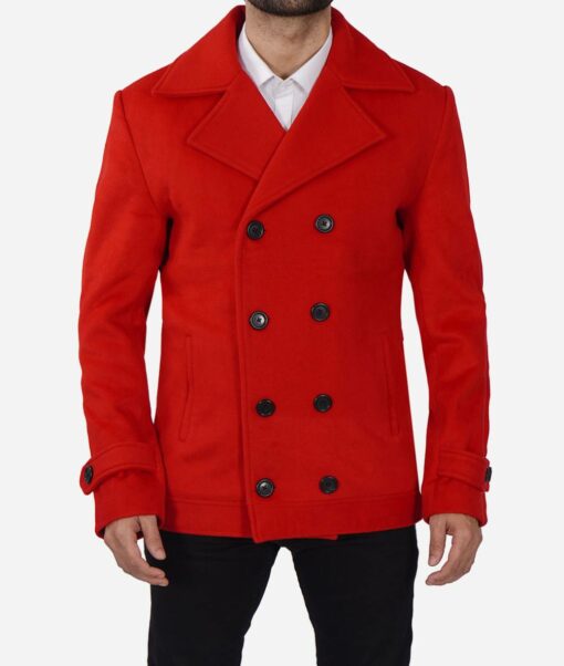 Double Breasted Wool Blend Wide Lapel Collar Red Peacoat