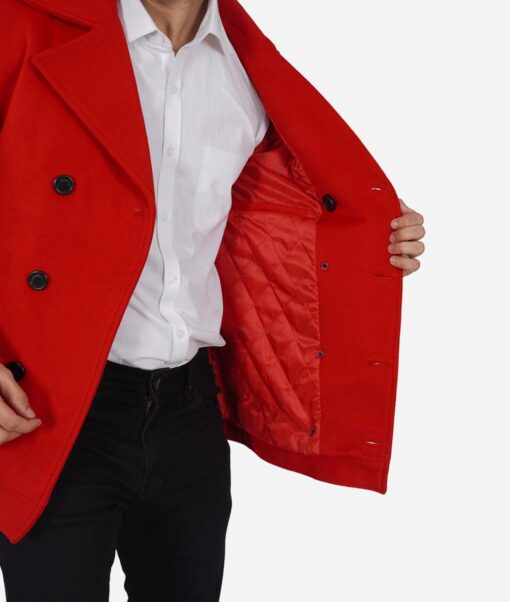 Double Breasted Wool Blend Red Peacoat for Men