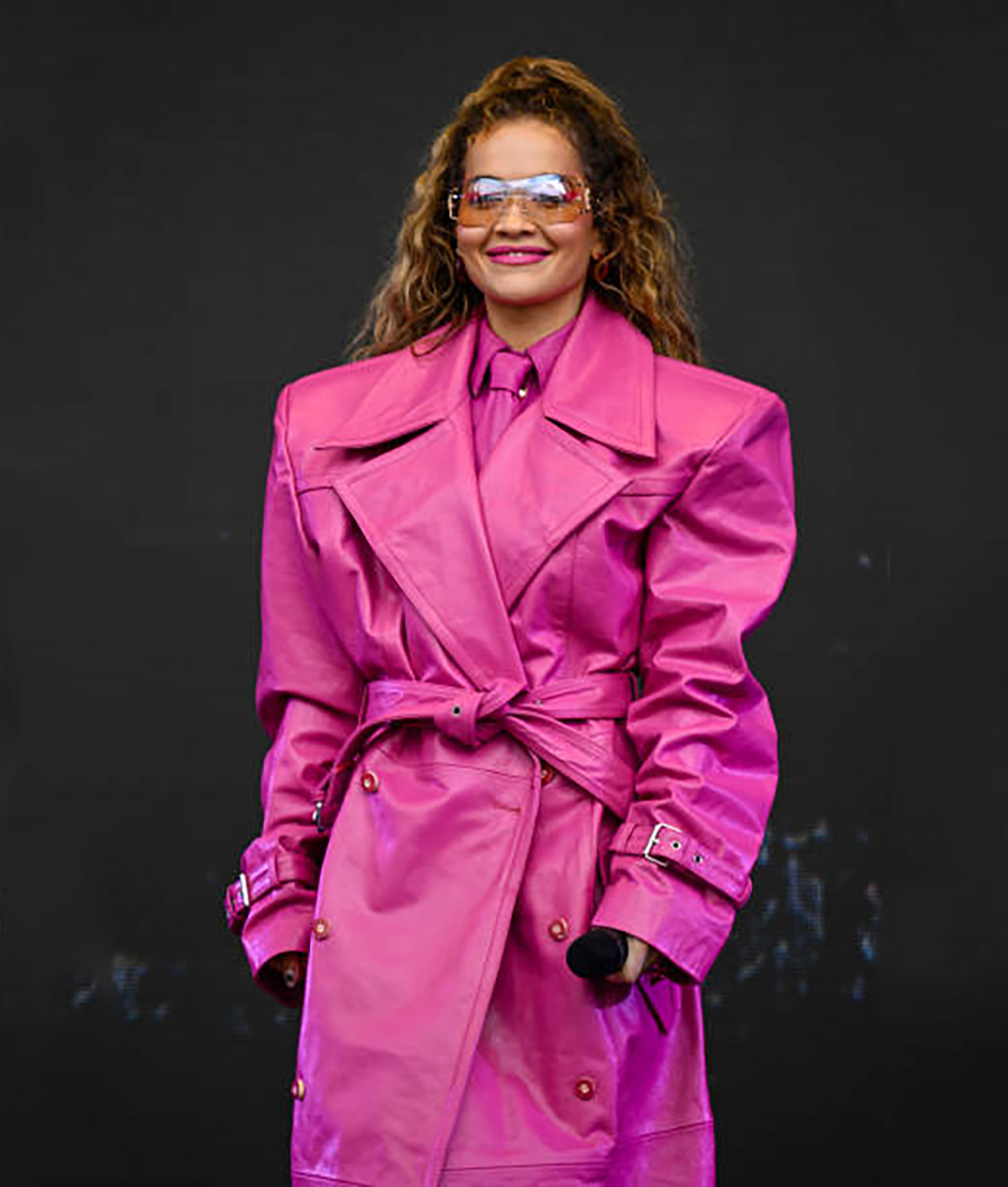 Rita Ora Pink Leather Overcoat