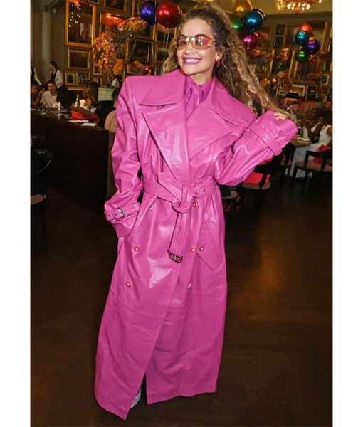 Trafalgar Square Stage London Rita Ora Pink Leather Overcoat