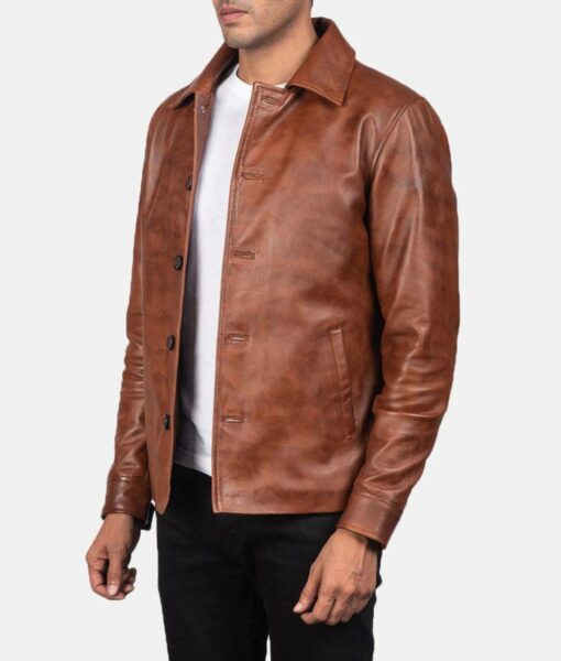 Stylish Waffle Brown Shirt Collar Real Leather Jacket for Men's