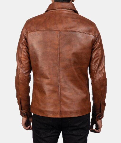 Stylish Waffle Brown Shirt Collar Real Leather Jacket