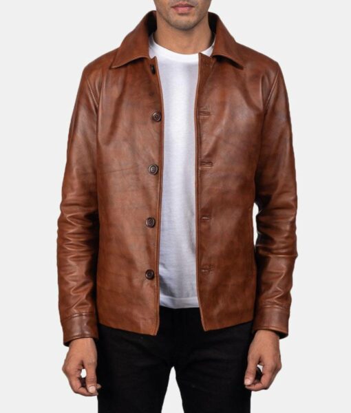Stylish Waffle Brown Shirt Collar Leather Jacket for Men's