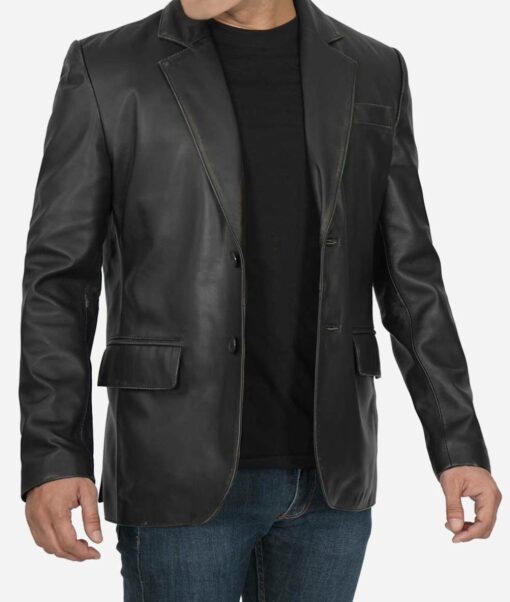 Lapel Collar 2 Buttons Black Lambskin Leather Blazer Jacket
