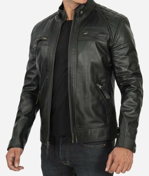 Men's Quilted Shoulder Black Cafe Racer Lambskin Leather Jacket