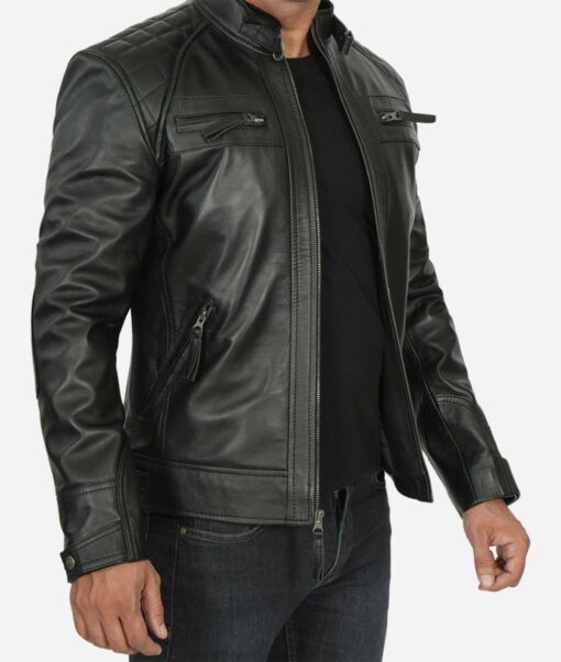 Vintage Men's Quilted Shoulder Black Cafe Racer Lambskin Leather Jacket