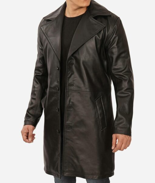 Mens Black Wide Collar Real Lambskin Leather Car Coat