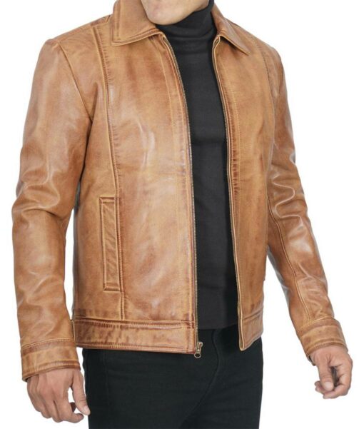 Waxed Yellow Casual Harrington Vintage Real Lambskin Leather Jacket