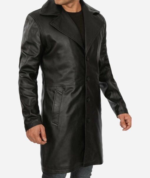 Mens Black Wide Collar Real Leather Car Coat