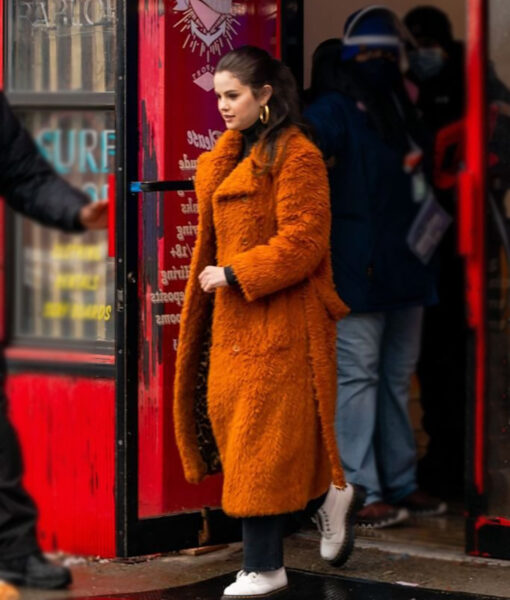 Mabel Mora Only Murders in the Building Selena Gomez Orange Fur Overcoat