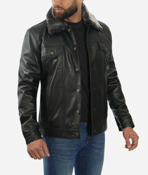 Shearling Collar Real Lambskin Leather Trucker Jacket