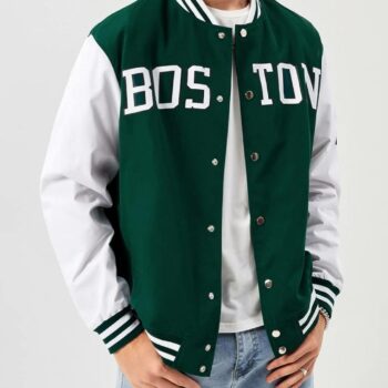 Boston Lettermen Graphic Striped Trim Green and White Varsity Jacket