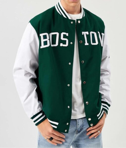 Boston Lettermen Graphic Striped Trim Green and White Varsity Jacket